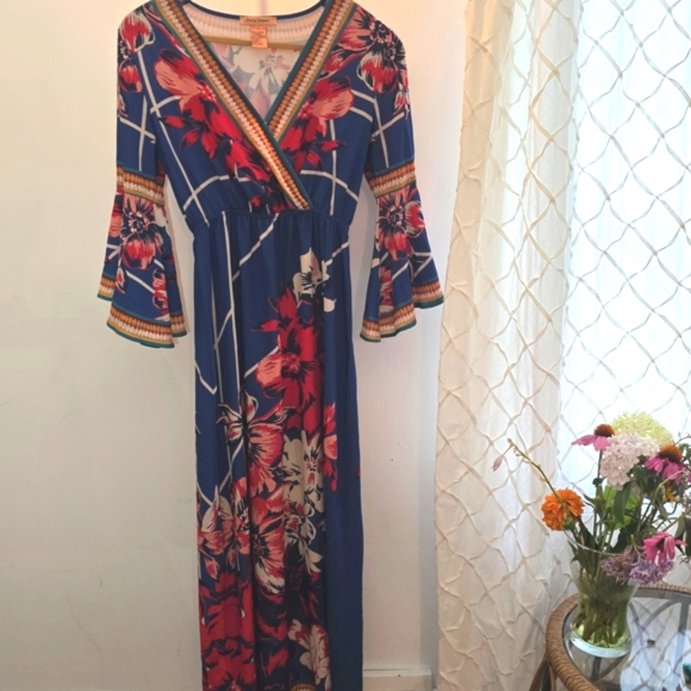 FLYING TOMATO-Floral V-Neck Maxi Dress - Blue and Red